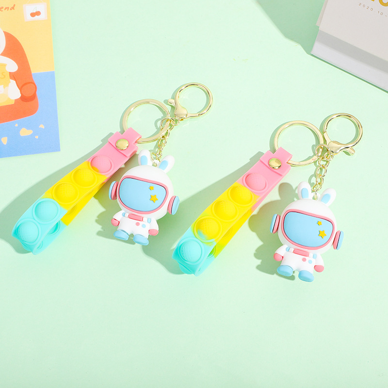 PVC soft rubber keychain, small pendant, doll wholesale, car key chain, hanging decoration, space rabbit cartoon keychain details Picture