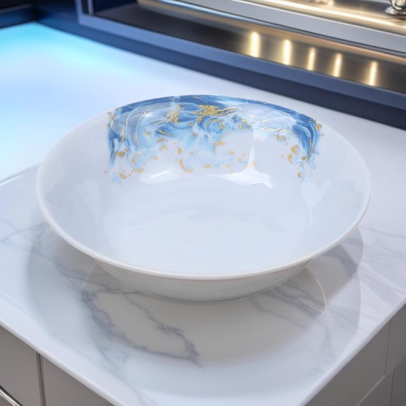 Custom-made commercial plastic bowls, plates and saucers for foreign trade imitation porcelain round plates, melamine gold wave vegetable plates, buffet hot pot tableware full figure