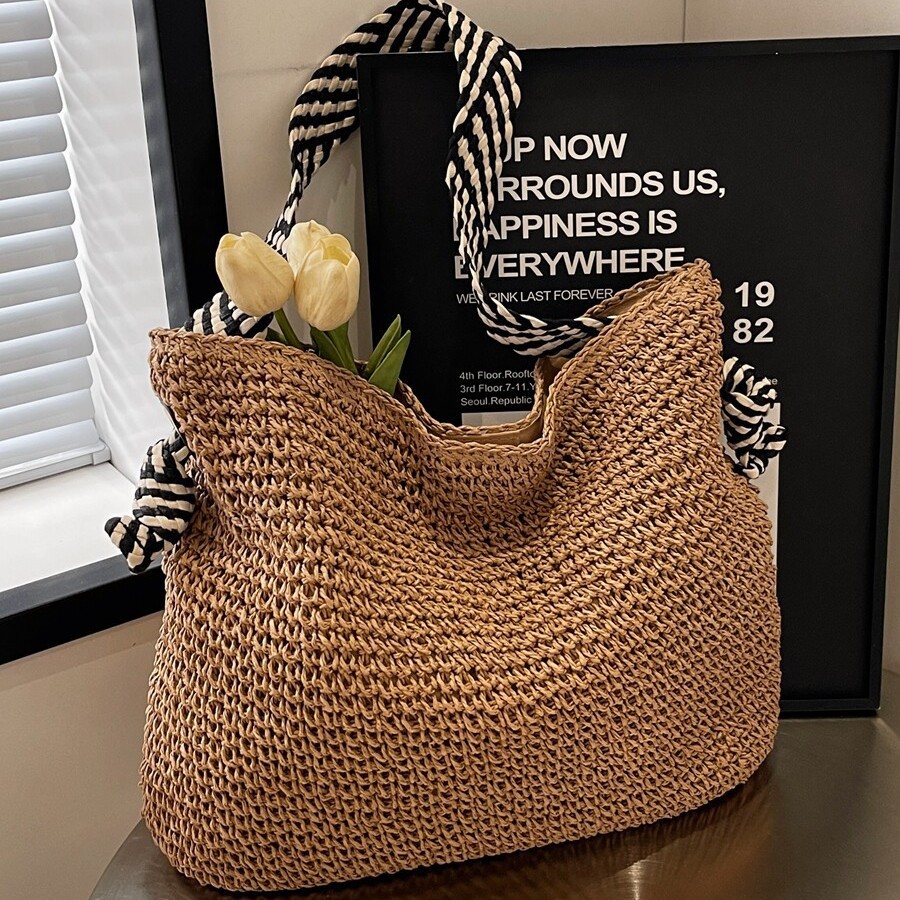 Cross-Border Straw Weaving Bag, Large-Capacity Straw Weaving Bag, Women's Spring And Summer New Style Seaside Vacation Woven Beach Bag, Commuting Single-Shoulder Tote Bag, Handcrafted Straw Weaving Bag Specification drawing