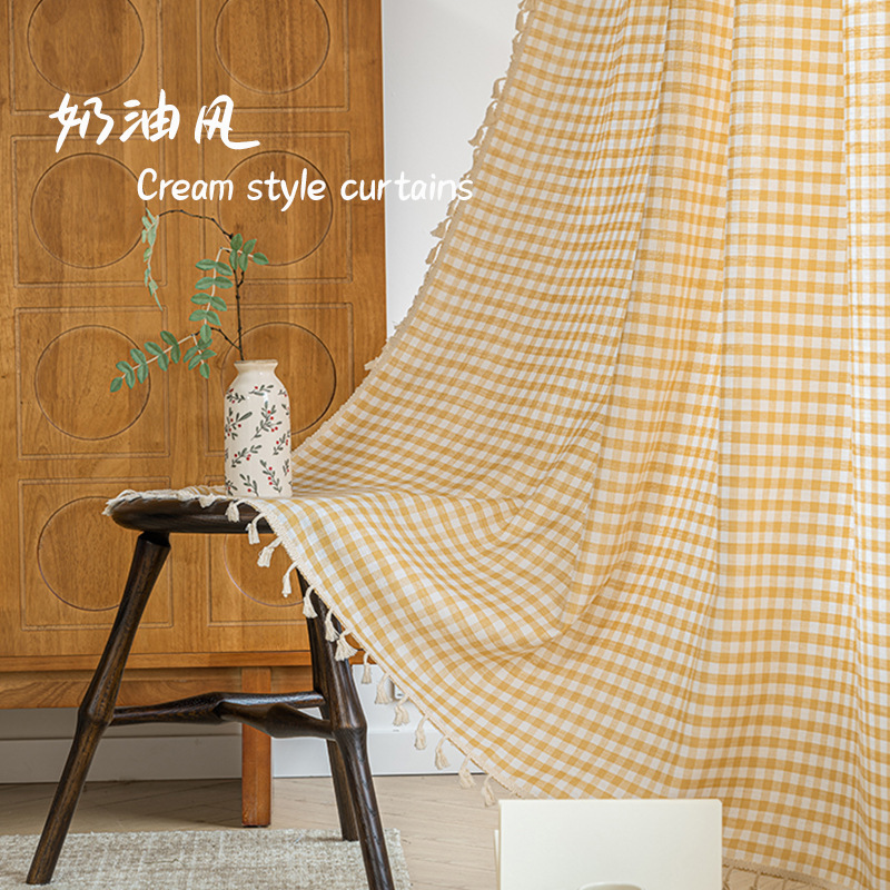 奶油风黄色格子流苏小清新成品窗帘半遮光飘窗厨房窗帘卧室阳台