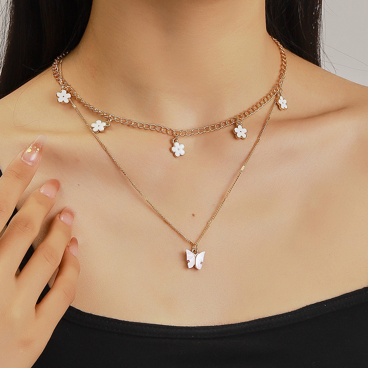 厂家直销滴油蝴蝶花朵装饰链式分层项链时尚甜美小清新百搭饰品