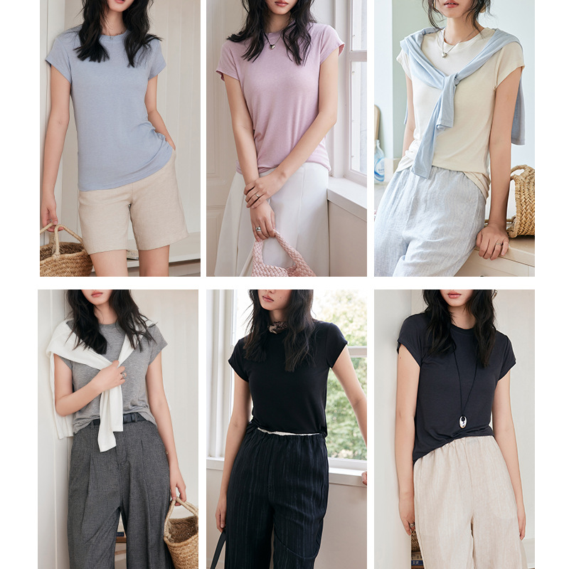 Spring and summer Lyocell wool Tencel short-sleeved T-shirt for women, a slim and light round-neck solid color casual top with a straight shoulder details Picture