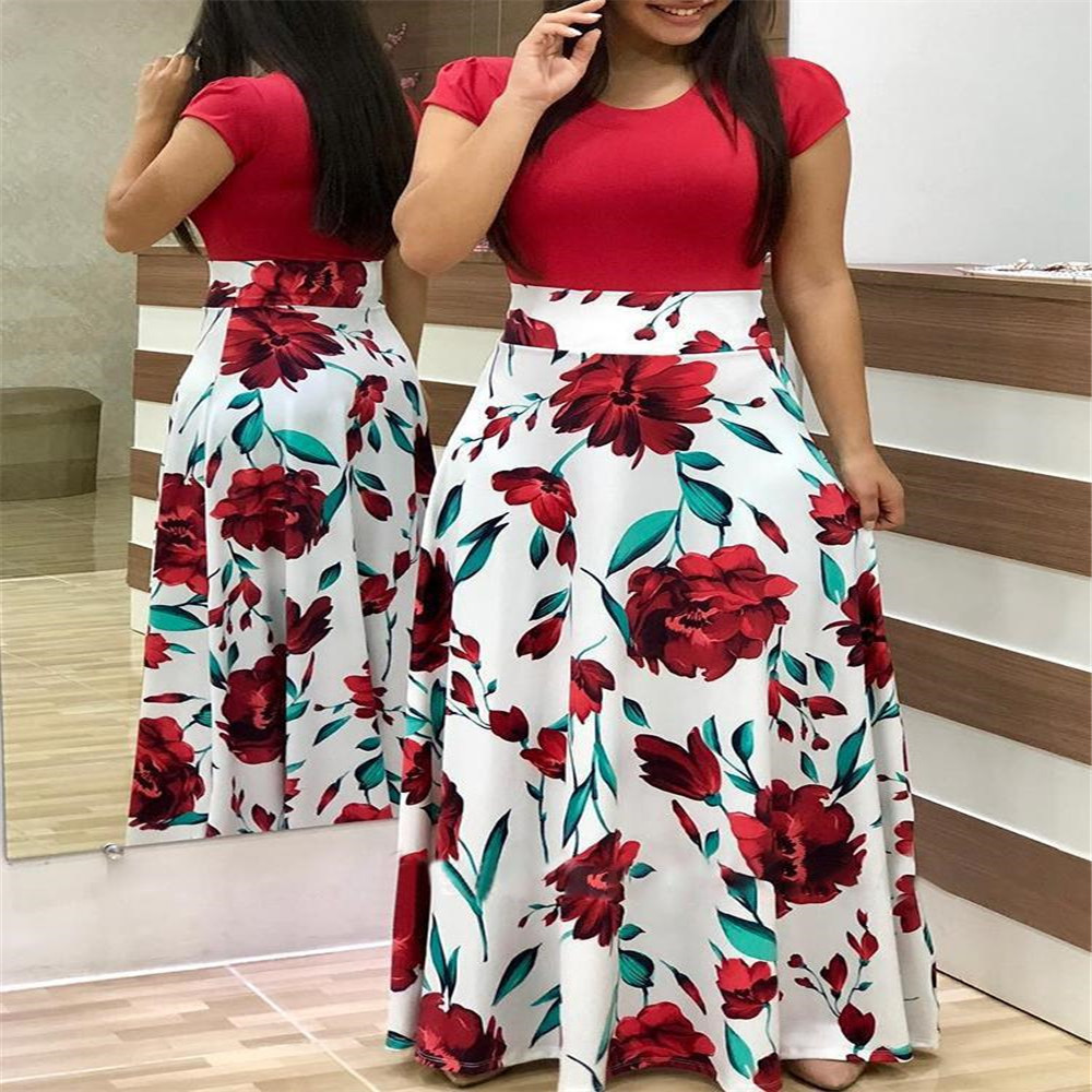 Cross-border wish AliExpress 2023 Bestseller European and American style floral print color-blocked short-sleeved plus-size dress for women full figure