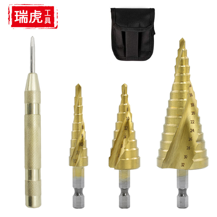 Pagoda step drill, spiral step drill, hexagonal handle, bagged, 4PC4241 material hexagonal step drill punch full figure