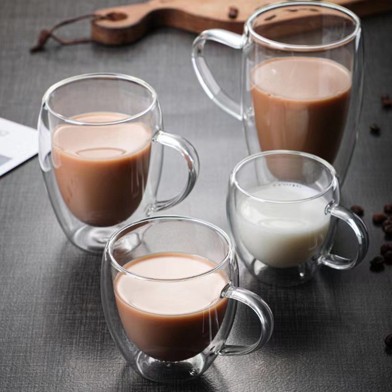Transparent glass double-layer cup, household milk tea, coffee drinking cup with handle, heat-insulating tea brewing cup, high borosilicate tea details Picture