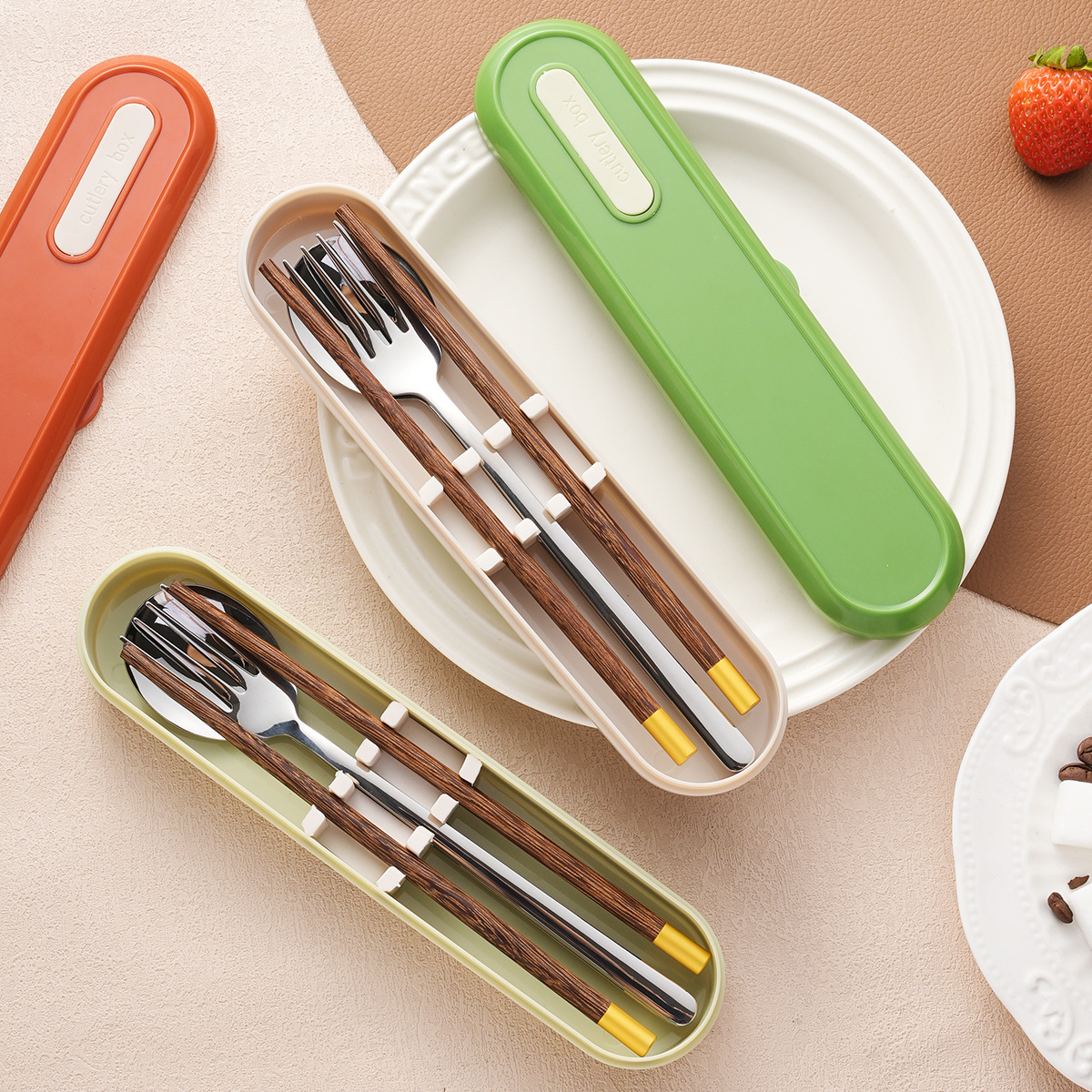 304不锈钢韩式勺子便携套装鸡翅木筷子叉勺套装户外露营学生餐具