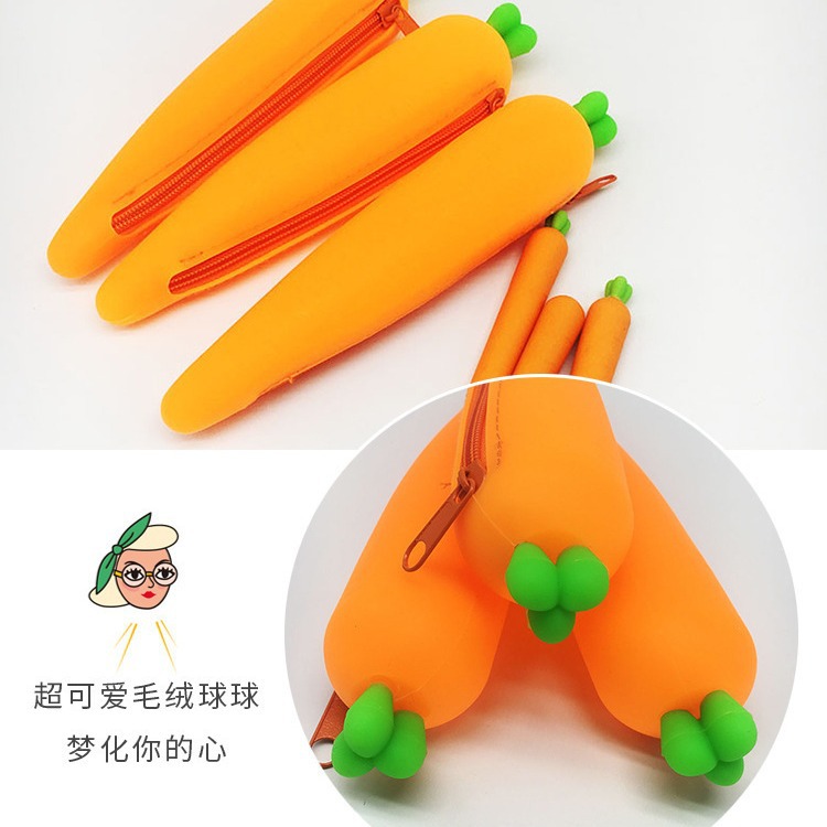 Creative simulation carrot-shaped silicone pen case, Korean-style personalized unisplendour pencil case, student stationery bag details Picture