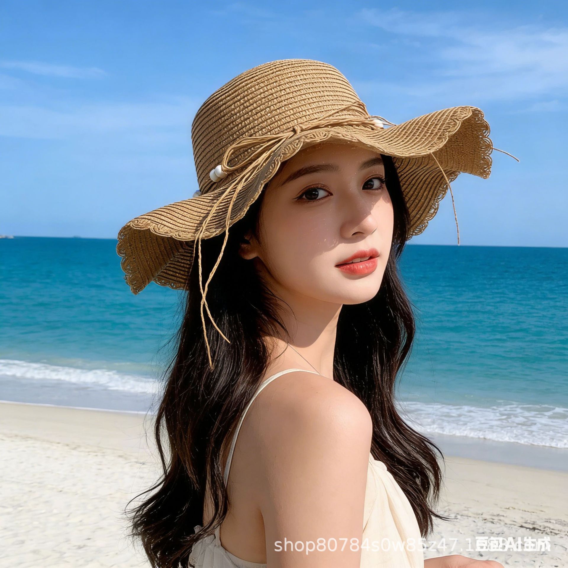 时尚高级大檐草帽女户外波浪边防晒草帽海边度假草编帽厂家直销