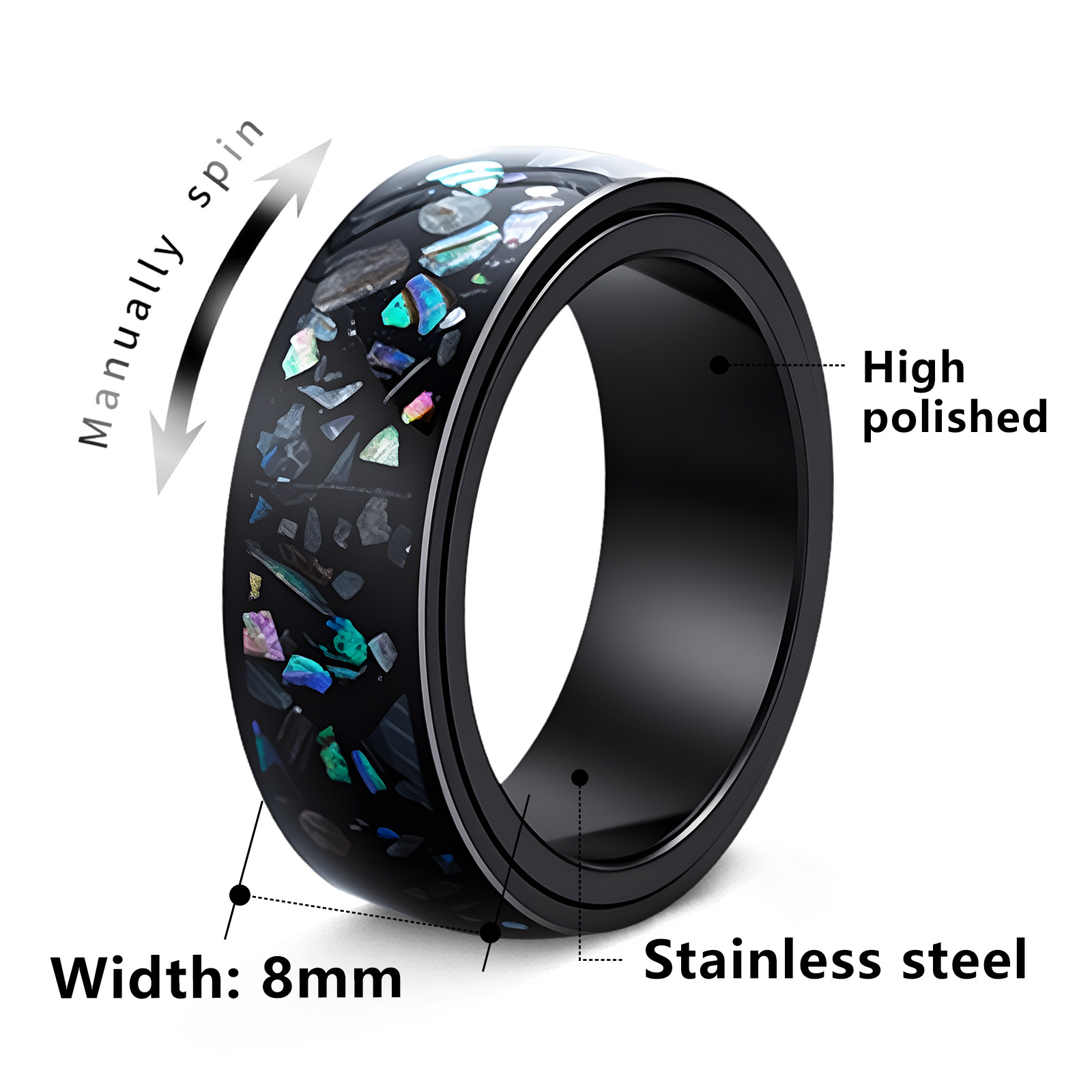 A new cross-border European and American jewelry item is selling well on Amazon. It's an 8MM titanium steel men's ring set with abalone shells and rotatable design Item Picture