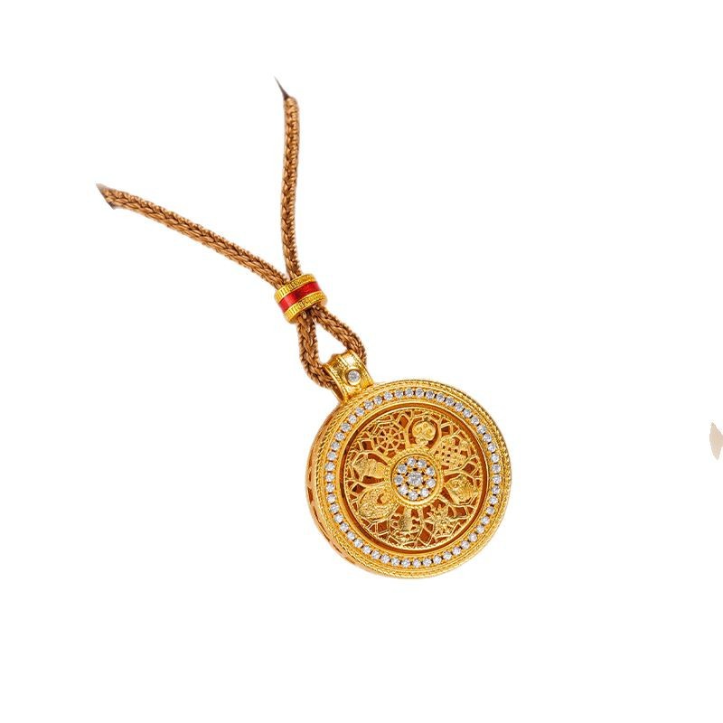 High-color-preserving live-streaming style woven rope necklace in sand gold, new Chinese style, rotatable six-character mantra Eight Treasures compass pendant Item Picture
