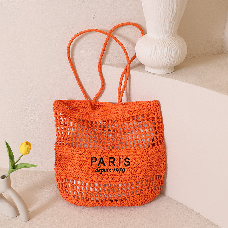 Factory direct sales of single-shoulder tote straw woven bags, new niche letter-hollowed-out woven bags, women's beach vacation bags Specification image