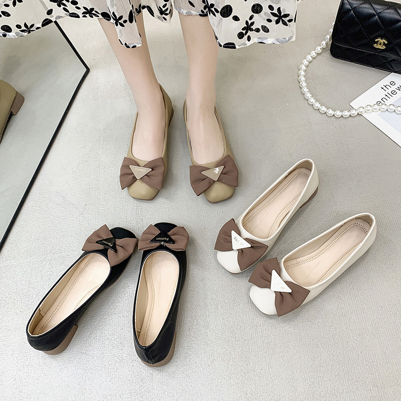 方头单鞋女一脚蹬浅口女鞋2023秋季新款晚晚风法式蝴蝶结女豆豆鞋