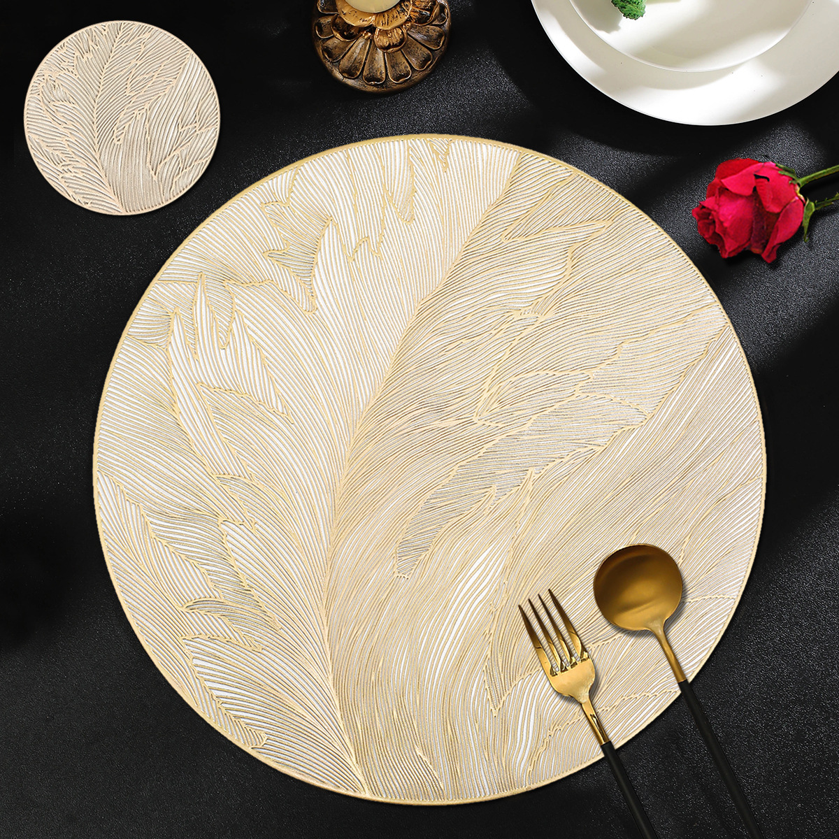 跨境热销羽毛餐垫防水防油PVC烫金花瓶垫高级感轻奢可水洗隔热垫