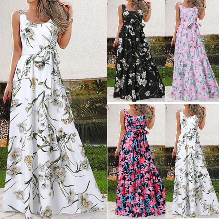 2026 New Amazon and ebay bestsellers, European and American wish Summer printed casual long dress with belt full figure