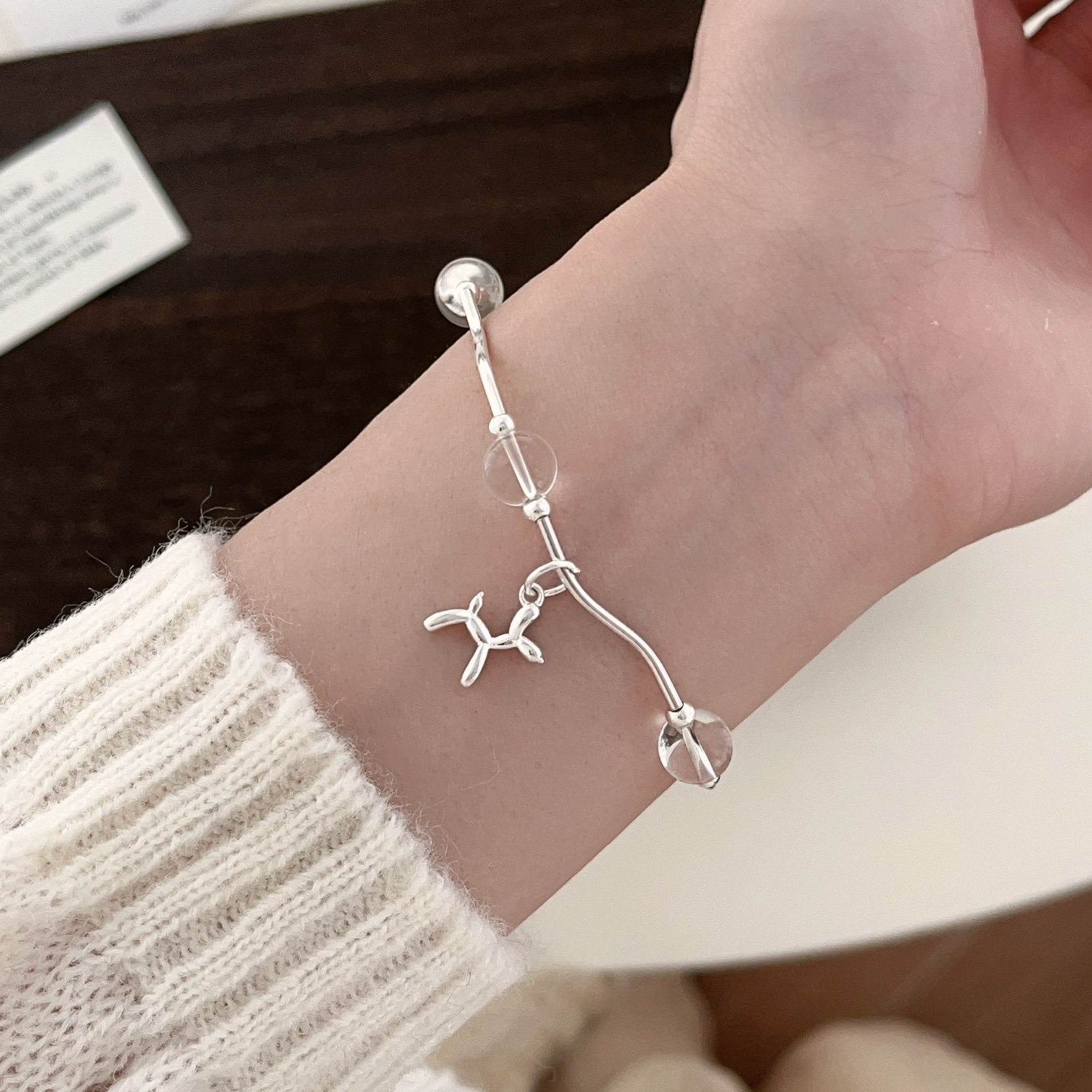 Natural aquamarine white crystal bracelet S925 sterling silver women's high-end balloon dog light luxury niche design bracelet