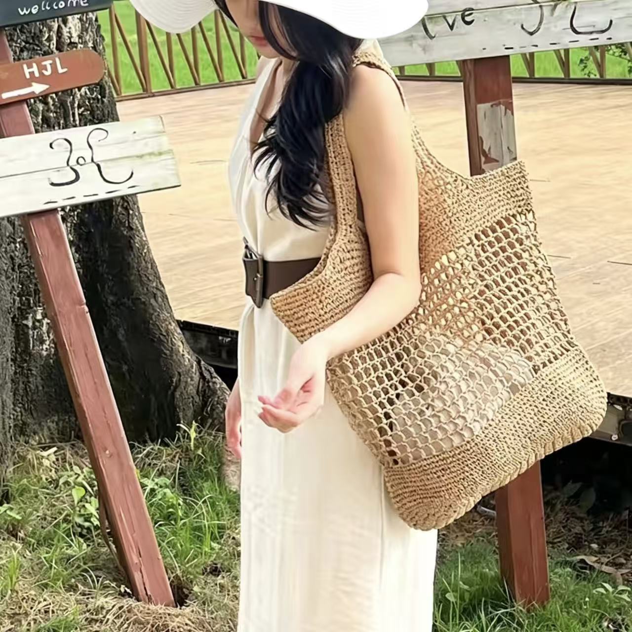 跨境草编包法式大容量托特包单肩草编包休闲镂空草包编织包度假风沙滩包草编包