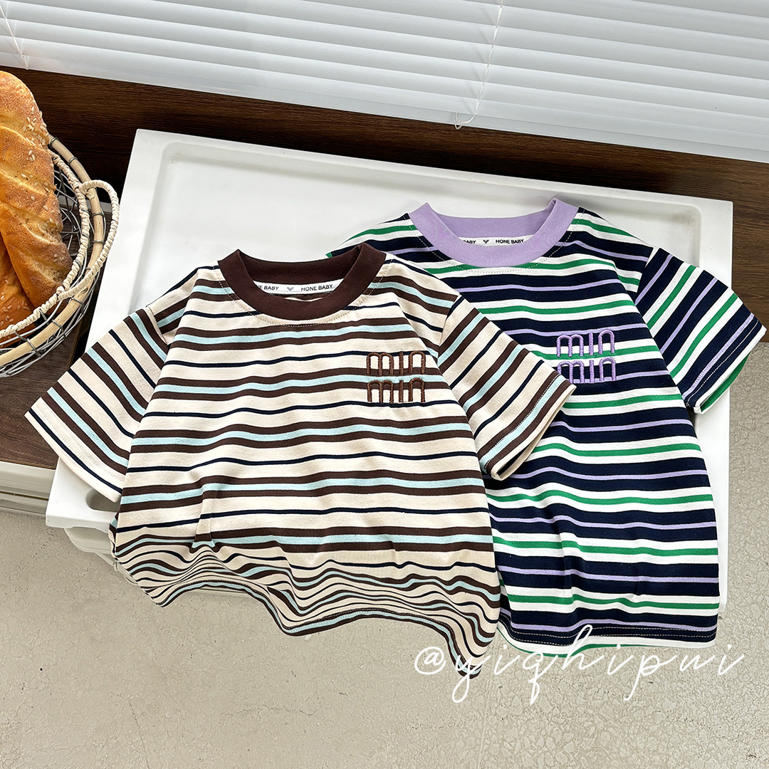 Summer new striped versatile men's and girls' short-sleeved trendy children's casual T-shirt, breathable, comfortable and loose version Item Picture