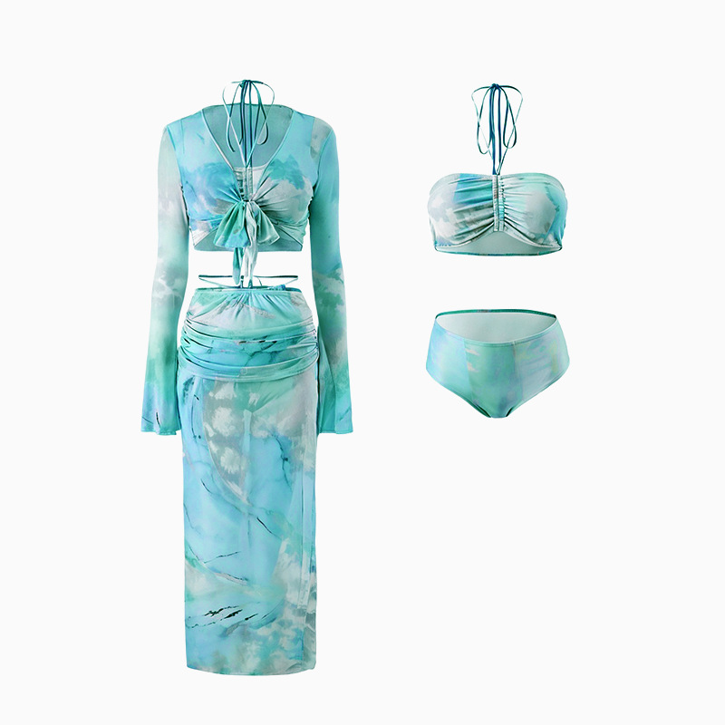 New women's four-piece swimsuit, bikini, two-piece swimsuit, pure desire style, bow, long-sleeved, sun-protective swimsuit wholesale -107080 Item Picture