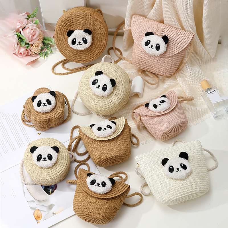 Cross-Border Straw Weaving Bag, Red Panda Straw Weaving Bag, Summer Beach Straw Weaving Bag, Mini And Cute Mobile Phone Crossbody Small Bag, Handmade Straw Weaving Bag