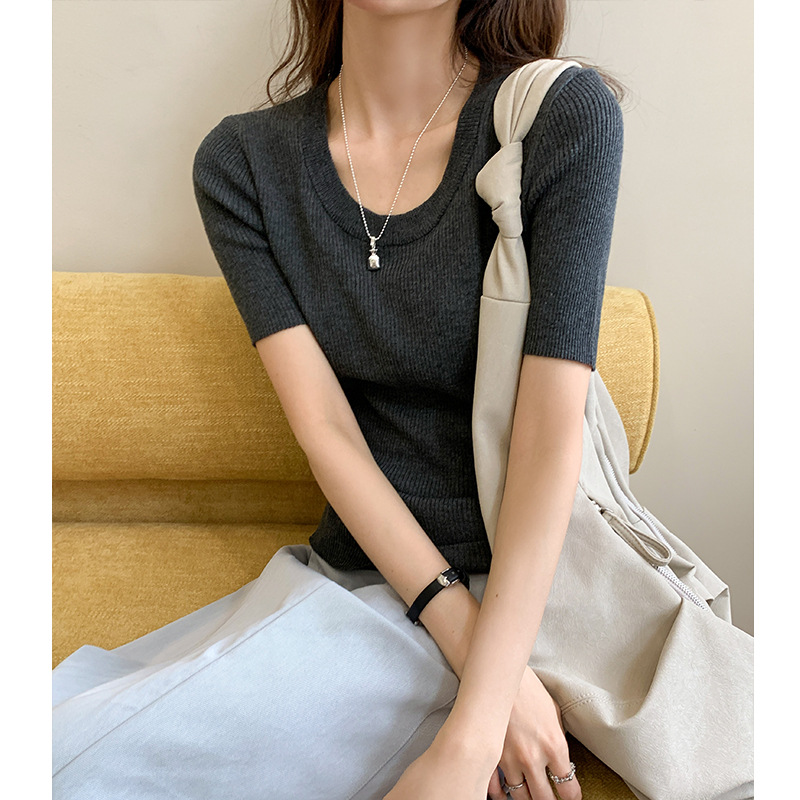 U领冰丝针织衫短袖女修身夏季基础短款T恤上衣2025新款产品图
