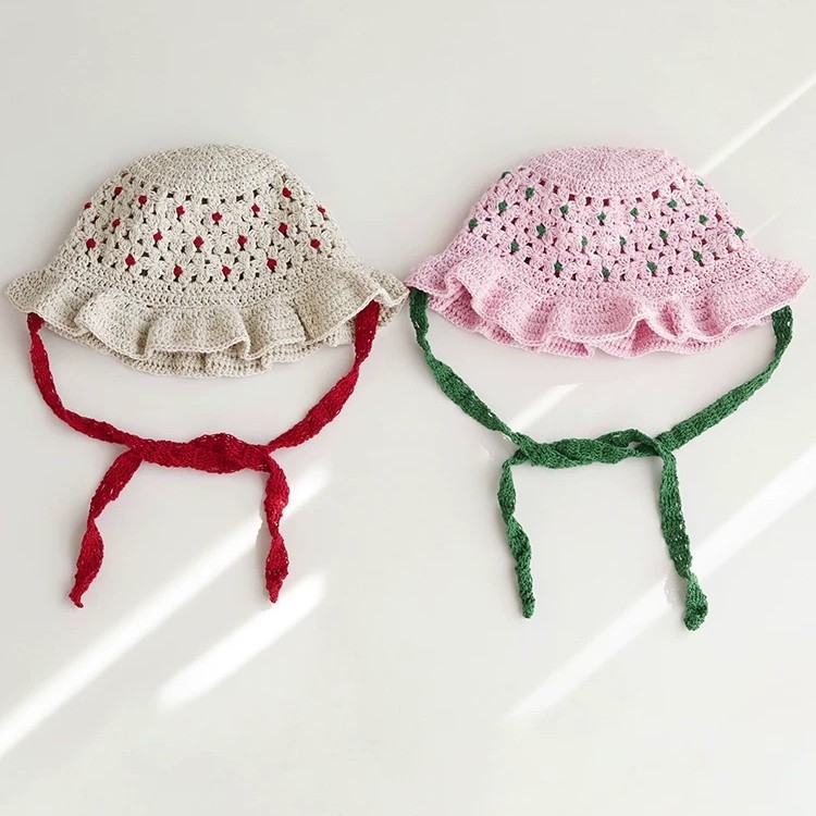 Fashionable and retro handcrafted crocheted color-blocking fisherman's hat, women's concave shape basin hat, new spring and summer hollowed-out lace-up hat Specification image