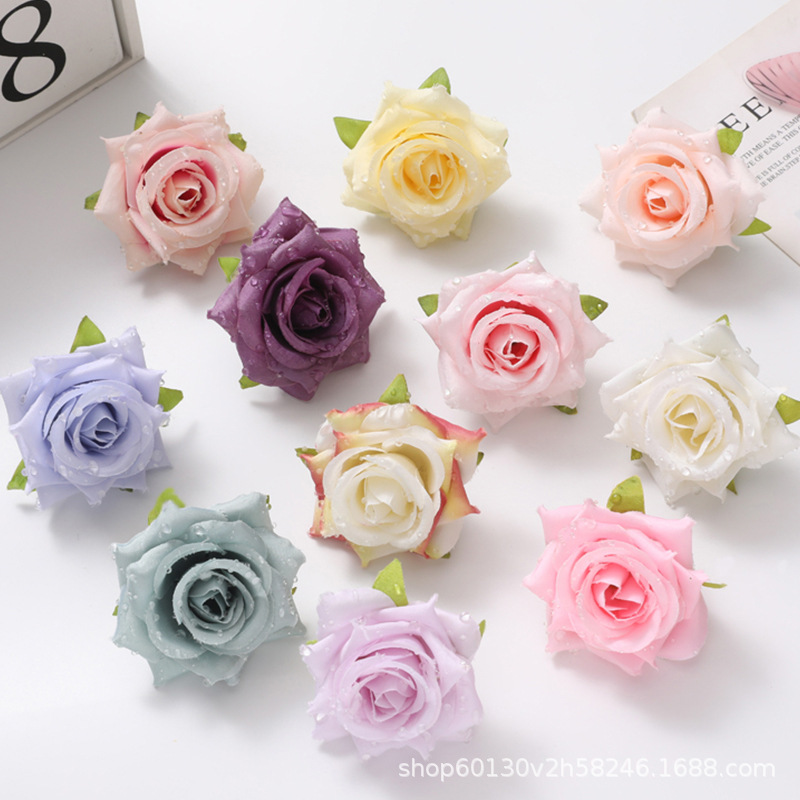 露水玫瑰仿真花花头装饰花仿真露珠玫瑰花花头装饰仿真花玫瑰花