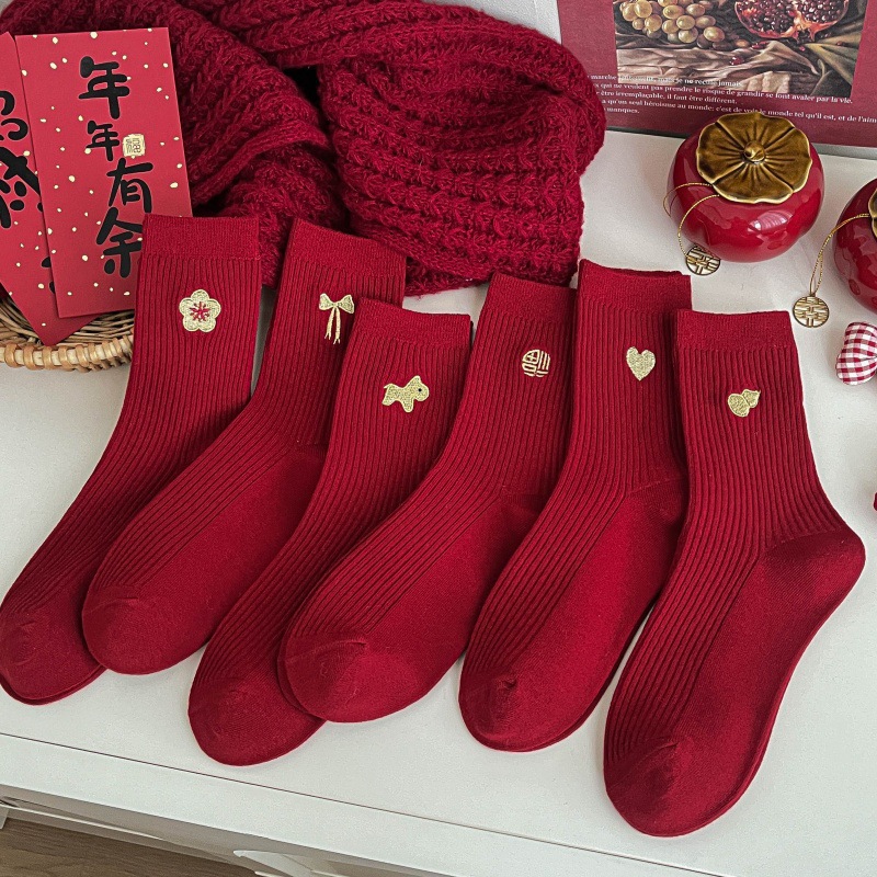 马年袜子女属马本命年大红袜子棉袜卡通刺绣双针中筒袜女红色袜子