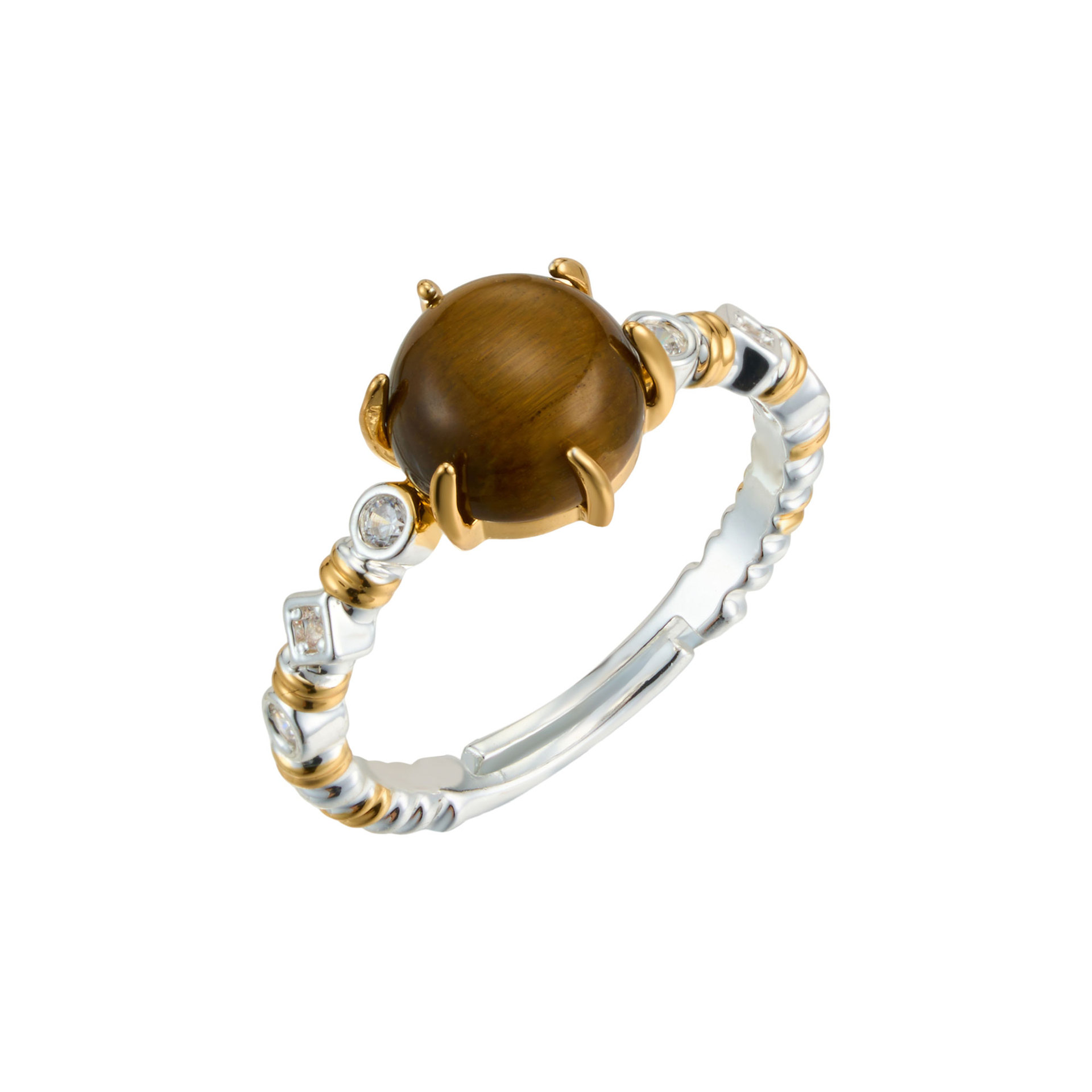 Original factory retro Merado-style tiger's eye open ring, copper alloy bicolor gold electroplated zirconium index finger ring Item Picture