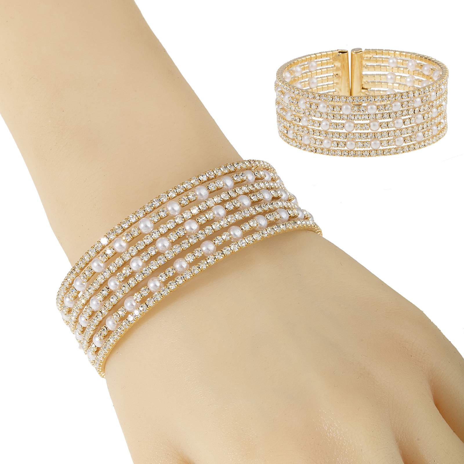 New cross-border multi-layer water diamond pearl elastic open bracelet for brides' wedding banquet, full diamond 7 rows of jewelry details Picture