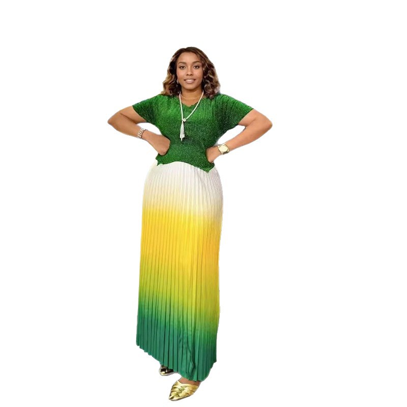 Cross-border Foreign Trade 2025 Fashionable and Elegant EU Women's Clothing Two-piece Set, Pleated Spring/Summer puffed sleeve plus-size women's Clothing set Item Picture