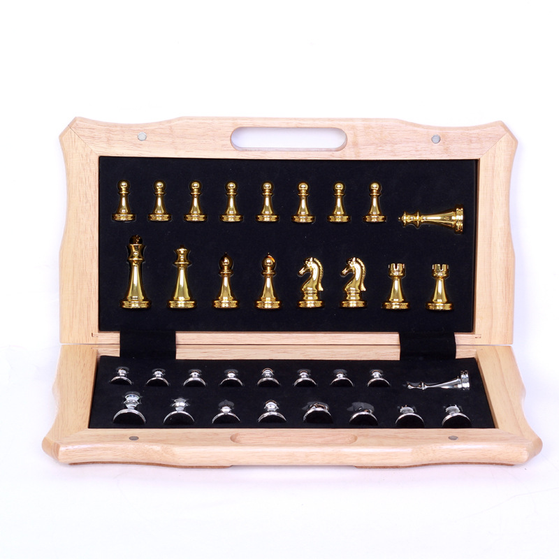 Chess metal zinc alloy folding chessboard +2 spare pieces portable chess set gift box Item Picture