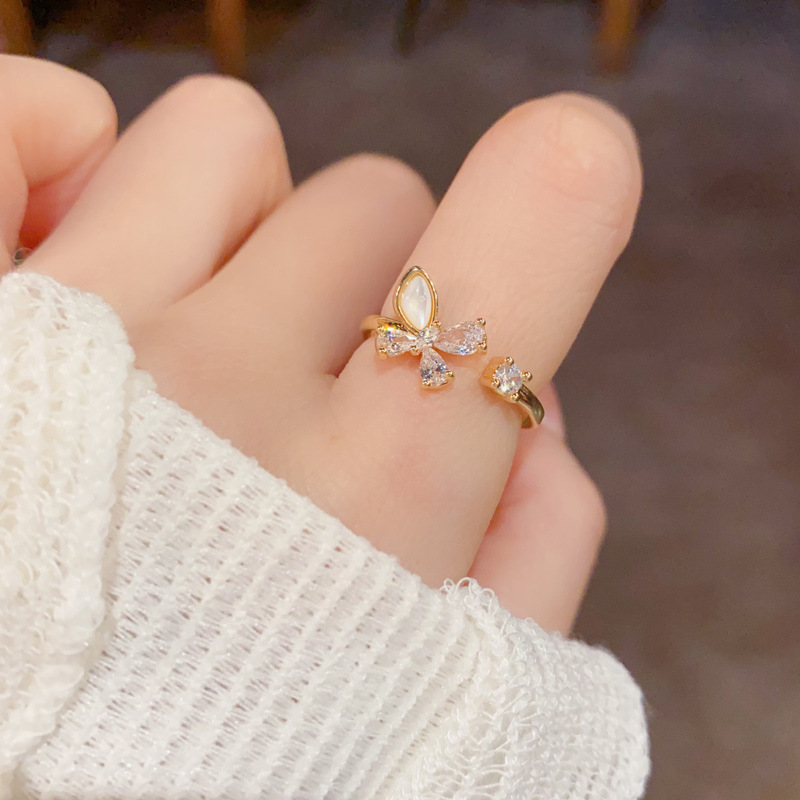 French fashion, exquisite and versatile diamond-encrusted shell butterfly opening ring for women, simple and stylish design, index finger ring for women Specification image