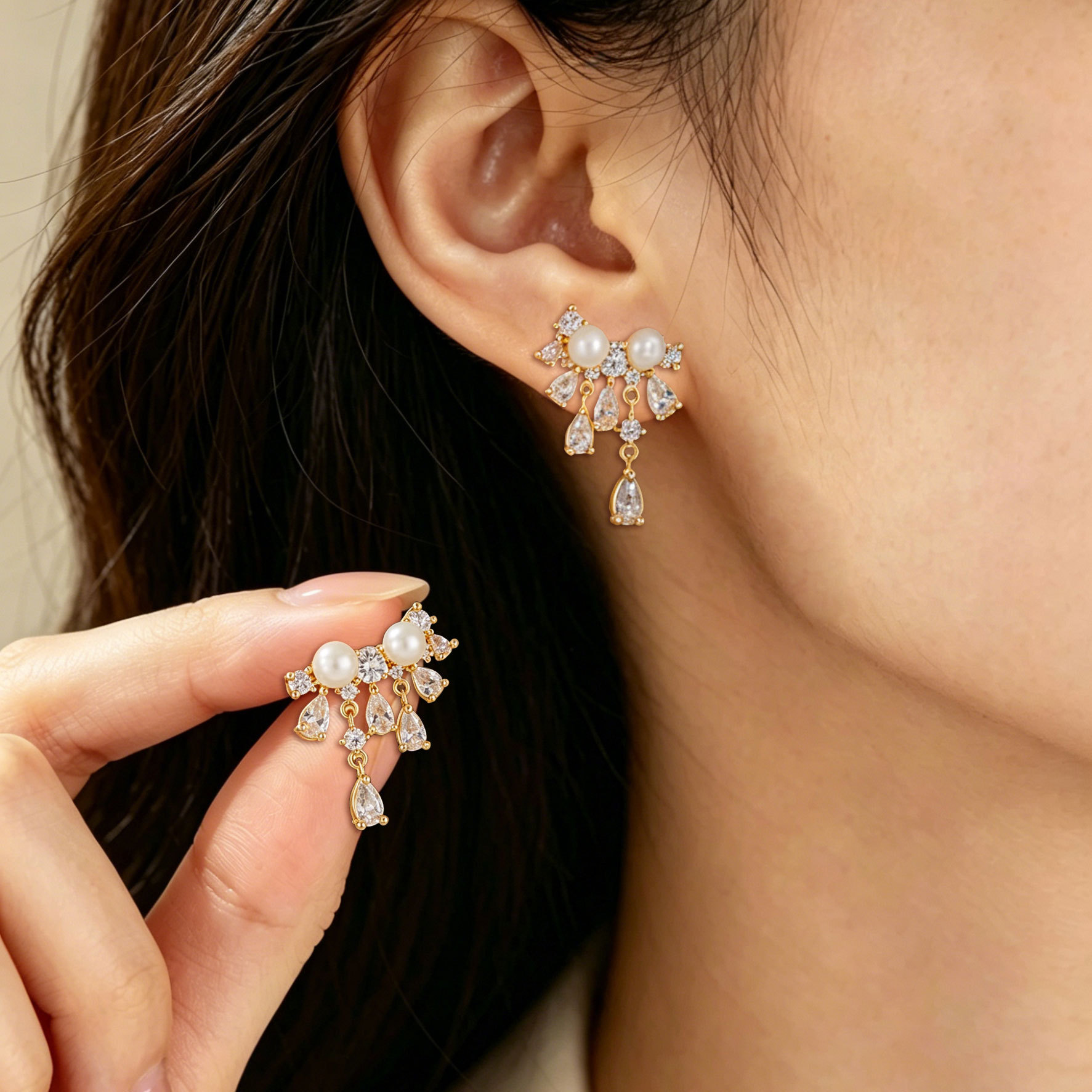 Light luxury and high-end imitation beaded tassel earrings, copper alloy, real gold electroplated with zircon, s925 silver needle, versatile earrings