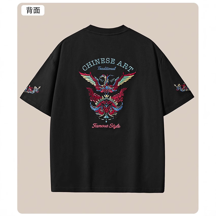 Wholesale of 260-gram heavy-duty pure cotton short-sleeved T-shirts for men with Chinese style embroidery and loose, large-sized men's clothing in summer 2025