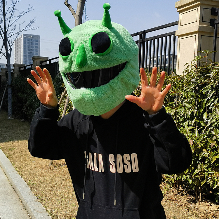 Motorcycle helmet decorative cover, rabbit fur cute green monster cartoon riding mask, motorcycle cover rabbit fur warm mask Application Scenario