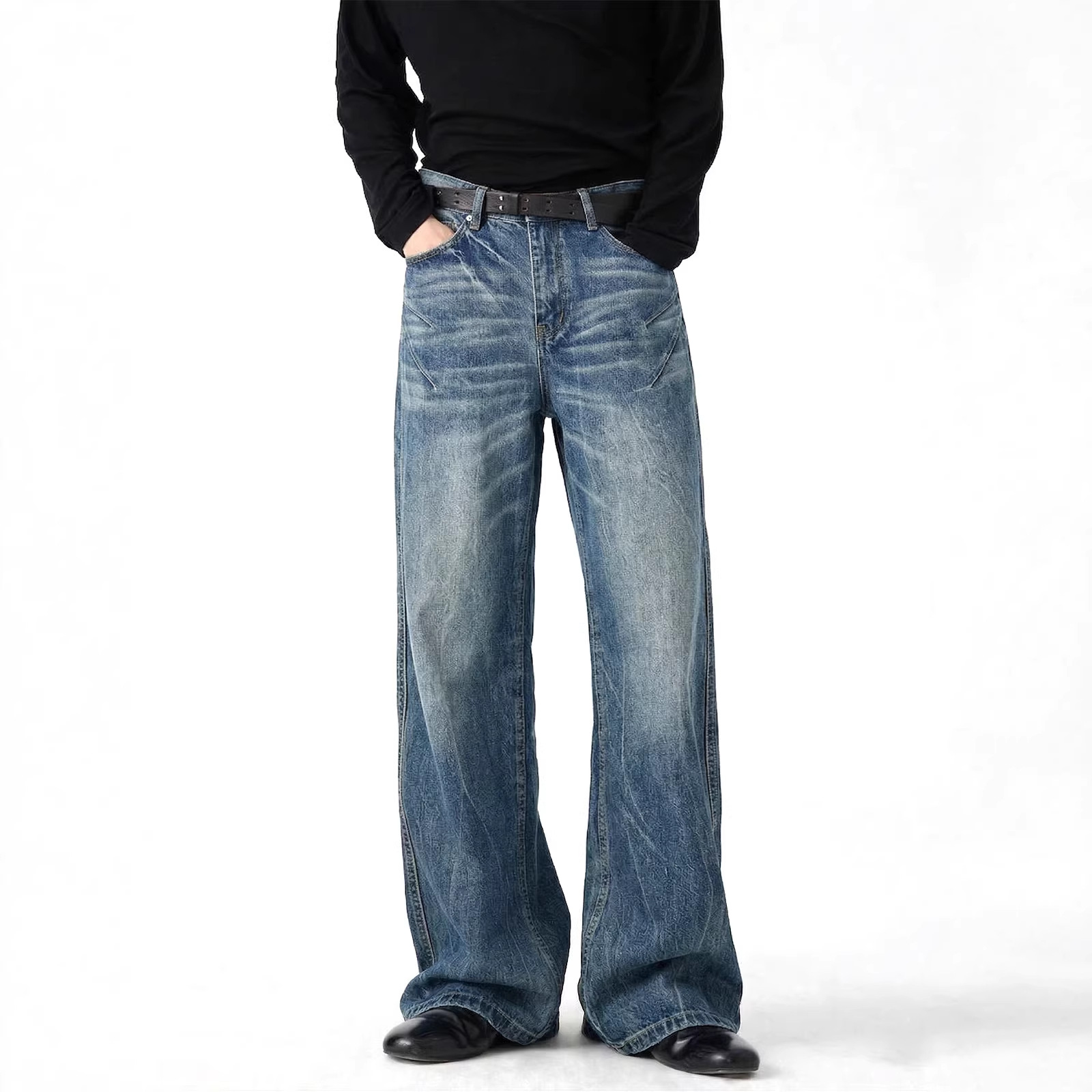 EME易盛易春季水洗牛立体自然猫须垂感磨破做旧弧形牛仔裤长裤男