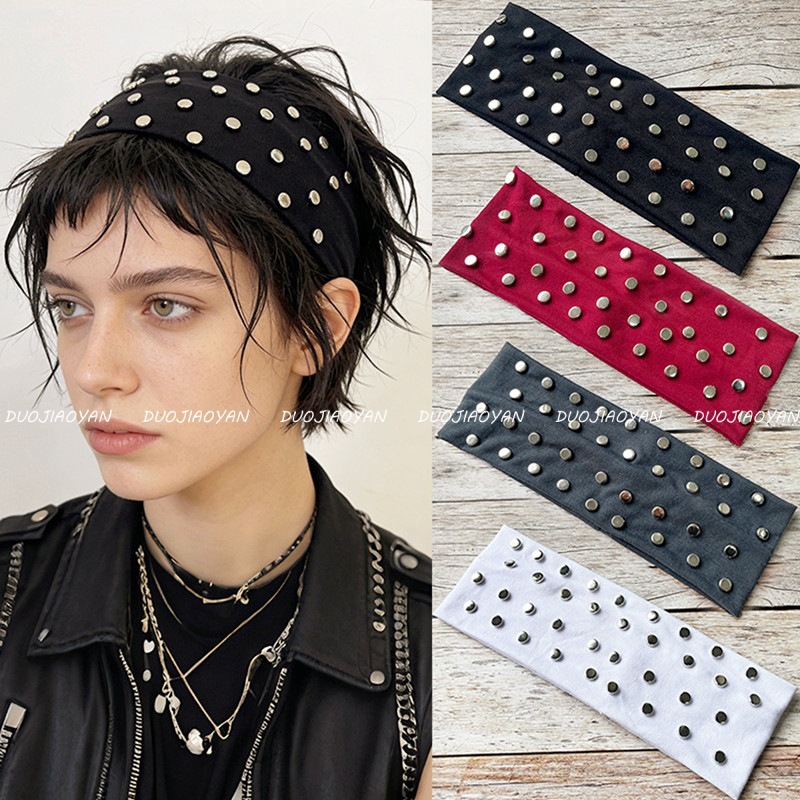 跨境新款朋克风发带复古纯色街头辣妹发饰高级感时尚铆钉头巾头带