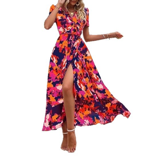2026 Amazon Independent Site Summer Vacation New short-sleeved V-neck pullover irregular beach dress Specification drawing