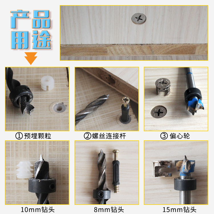 Three-in-one connection piece, panel furniture disassembly and assembly parts, wardrobe and cabinet fastening eccentric wheel accessories, threaded connection rod Specification drawing