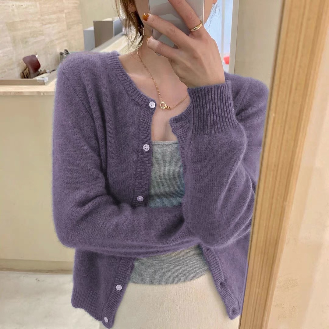 浣熊毛短款针织小开衫秋冬女装2025新款圆领叠穿打底毛衣外套上衣
