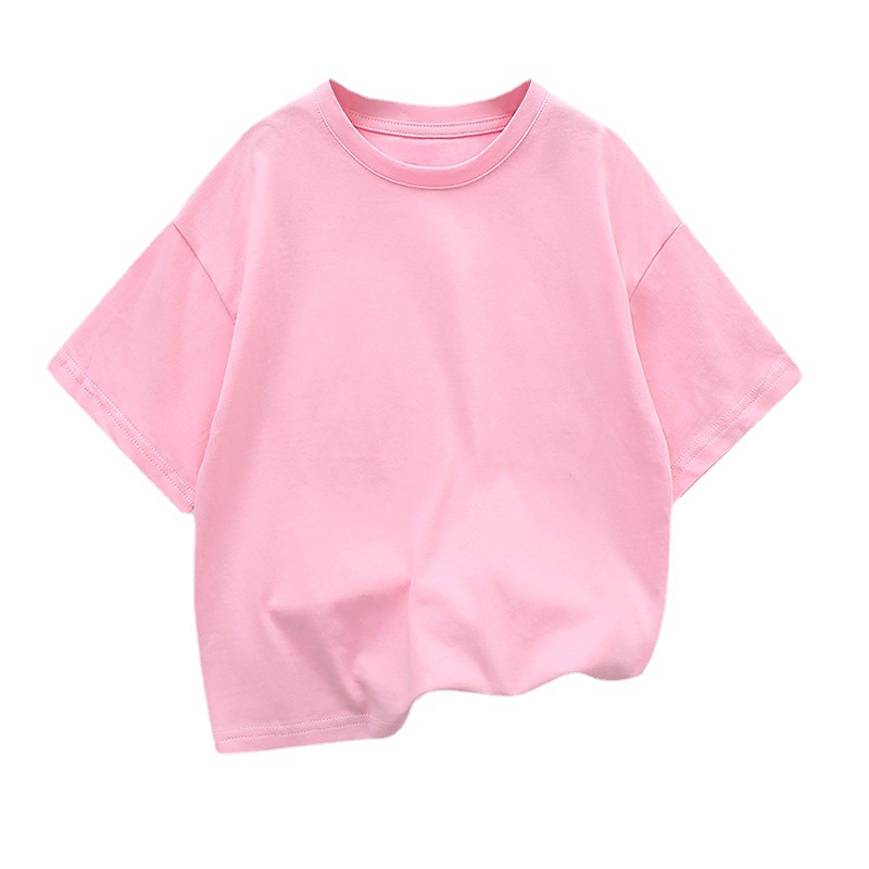 Wholesale of children's off-the-shoulder short-sleeved T-shirts for summer 2026, pure cotton round-neck loose base layer, student sportswear Item Picture
