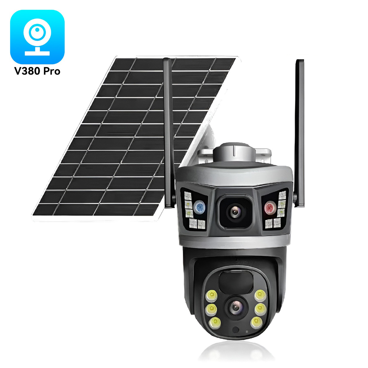 The V380 is equipped with a 6-megapixel solar-powered dual-eye low-power 4G camera for 365-day standby monitoring through WIFI gun and ball linkage Application Scenario