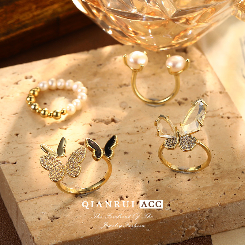 Wholesale of summer new butterfly natural pearl rings with a niche and high-end design, the same style as those on Xiaohongshu