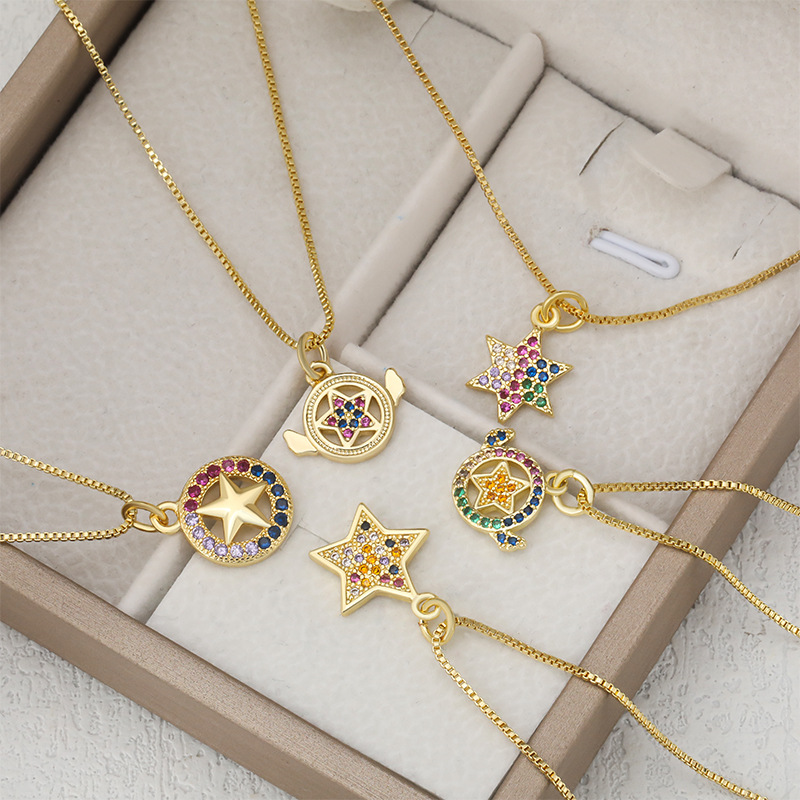 New cross-border Japanese and South Korean round zirconium five-pointed star pendant necklace accessory, fashionable and trendy DIY high-end necklace full figure