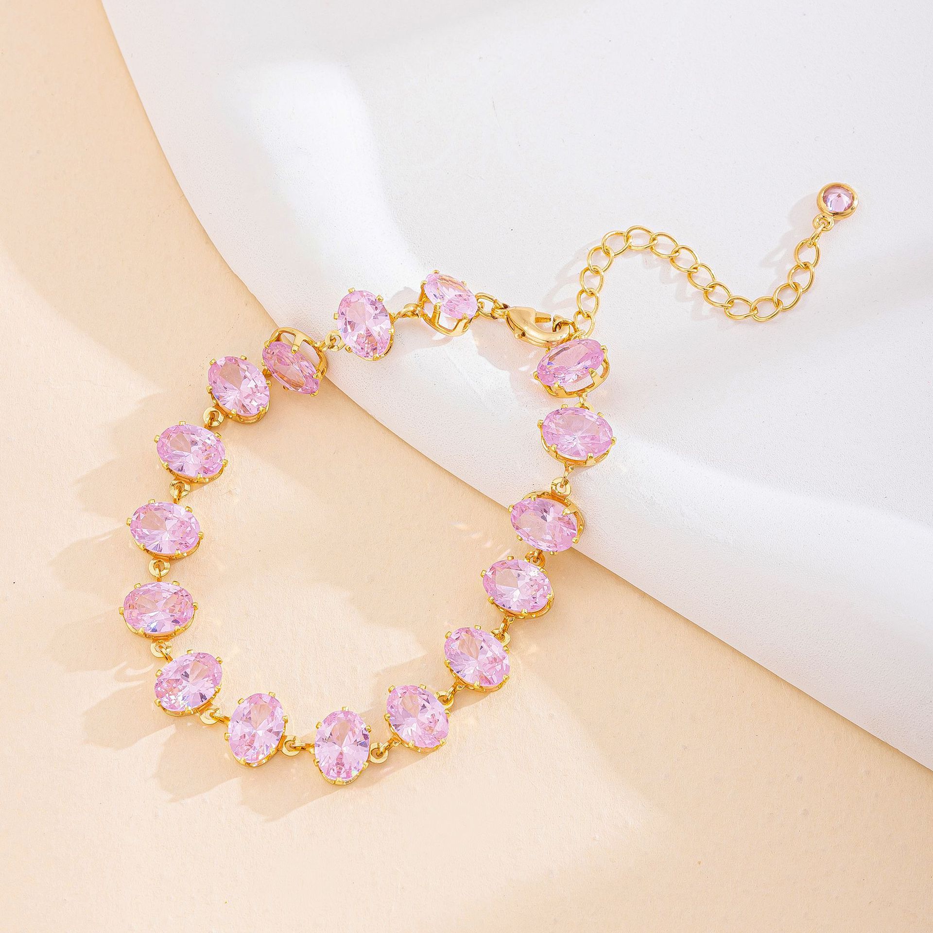 European and American fashion trend light luxury gold base zircon bracelet, oval pink zircon sweet and elegant bracelet factory direct sales Specification image