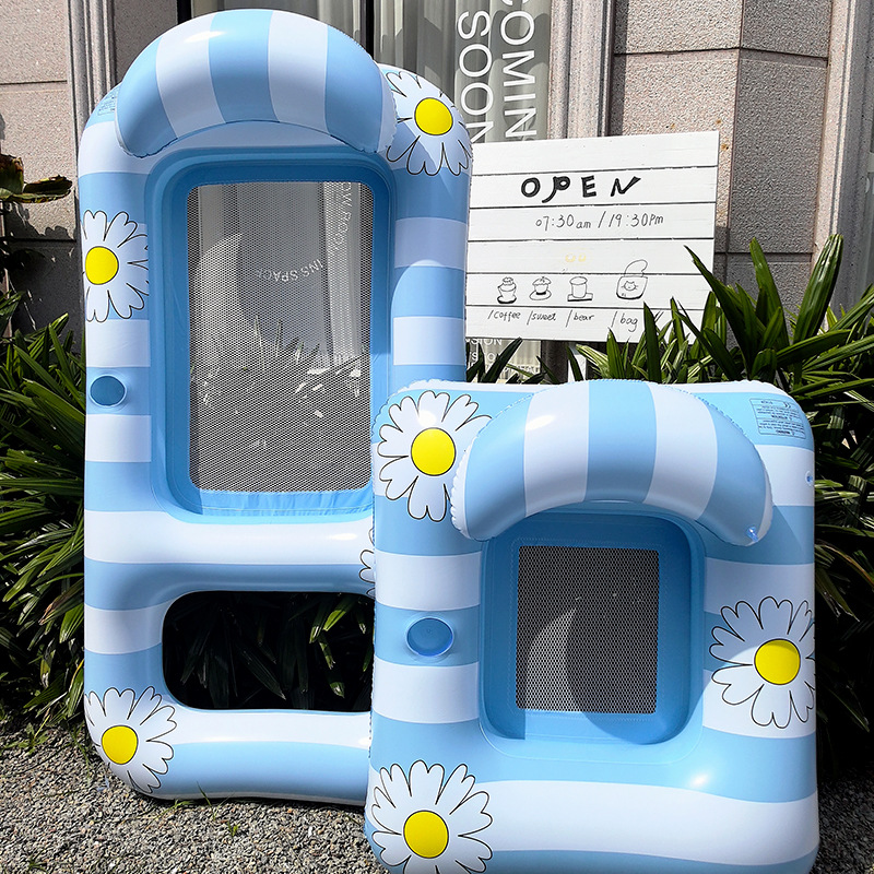 水上躺椅加大成人网红复古条纹花朵印花靠背浮排带饮料杯水上浮床