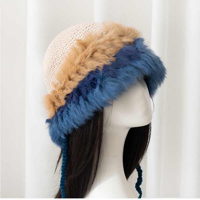 Factory direct sales of custom-made rabbit fur hats, woolen hats, fur headscarves, warm plush knitted hats and ear protectors Specification image