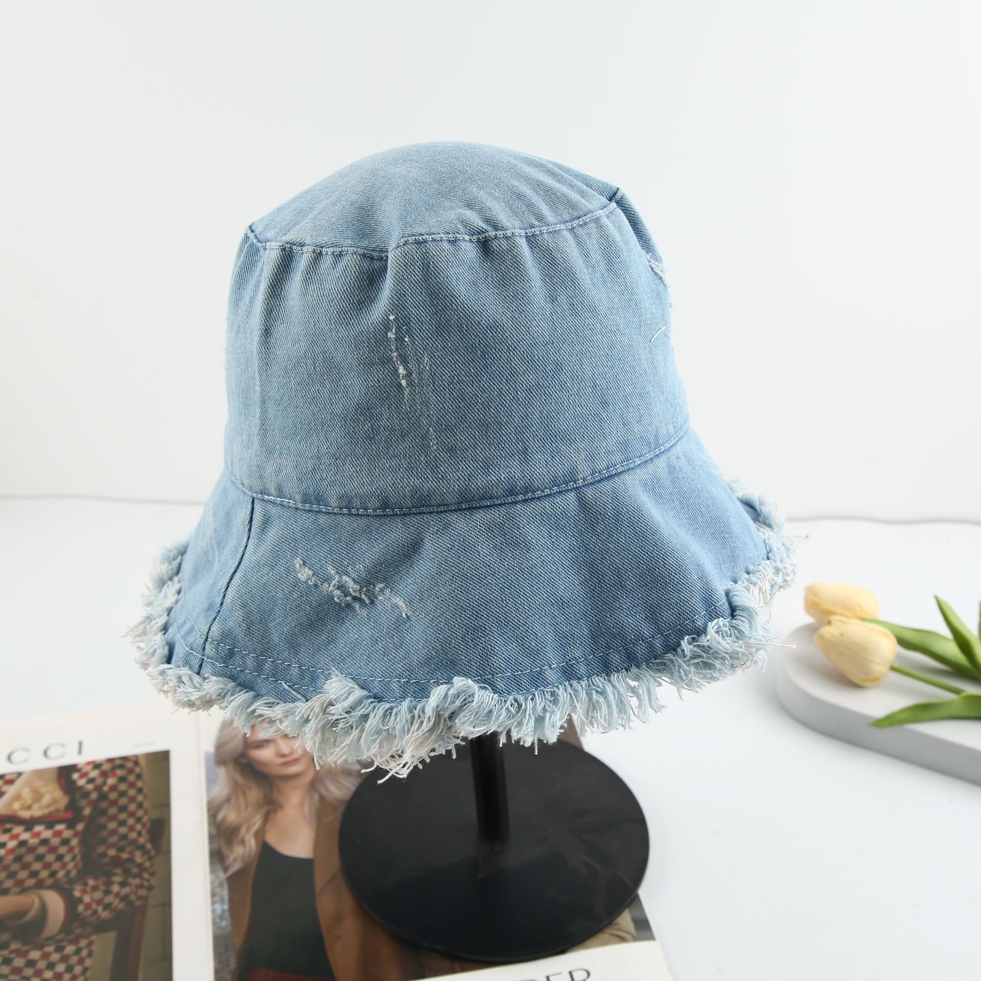 A stylish and versatile casual sun hat with a unique Japanese and Korean ins style, featuring a fringed denim fisherman's hat details Picture