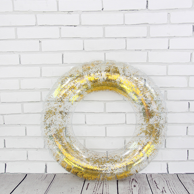Inflatable thickened sequined transparent swimming ring for foreign trade, pvc handle, gold onion bright powder life buoy details Picture