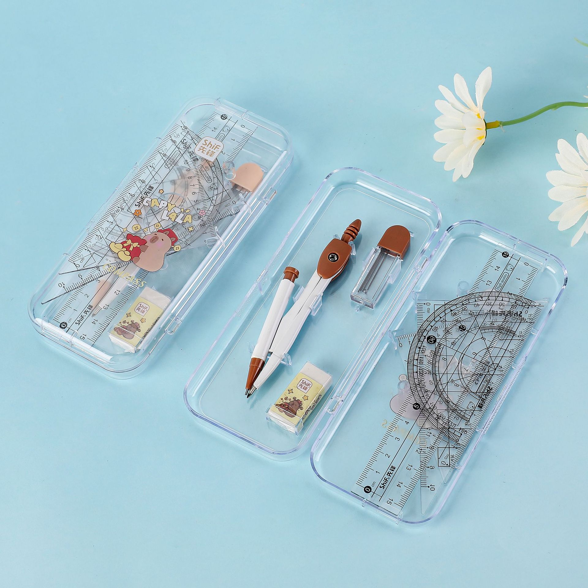 Pioneer 3178 Large Card Leather Seven-piece Compass Set, Student metal alloy compass Geometry Exam Drawing set Item Picture